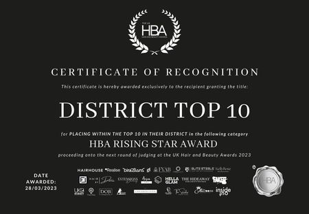 UK Hair and Beauty Awards 2023 certificate: District Top 10, Rising Star Award